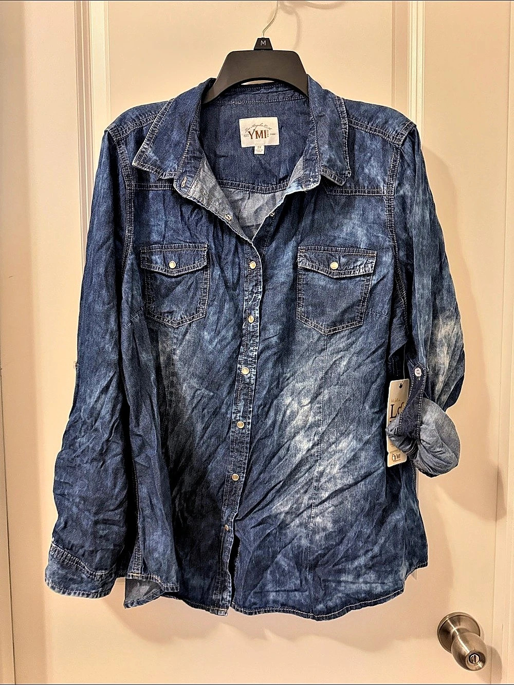 YMI Cloud Wash Denim Long Sleeve Button-Down Shirt Button Down Shirt Blue 2X